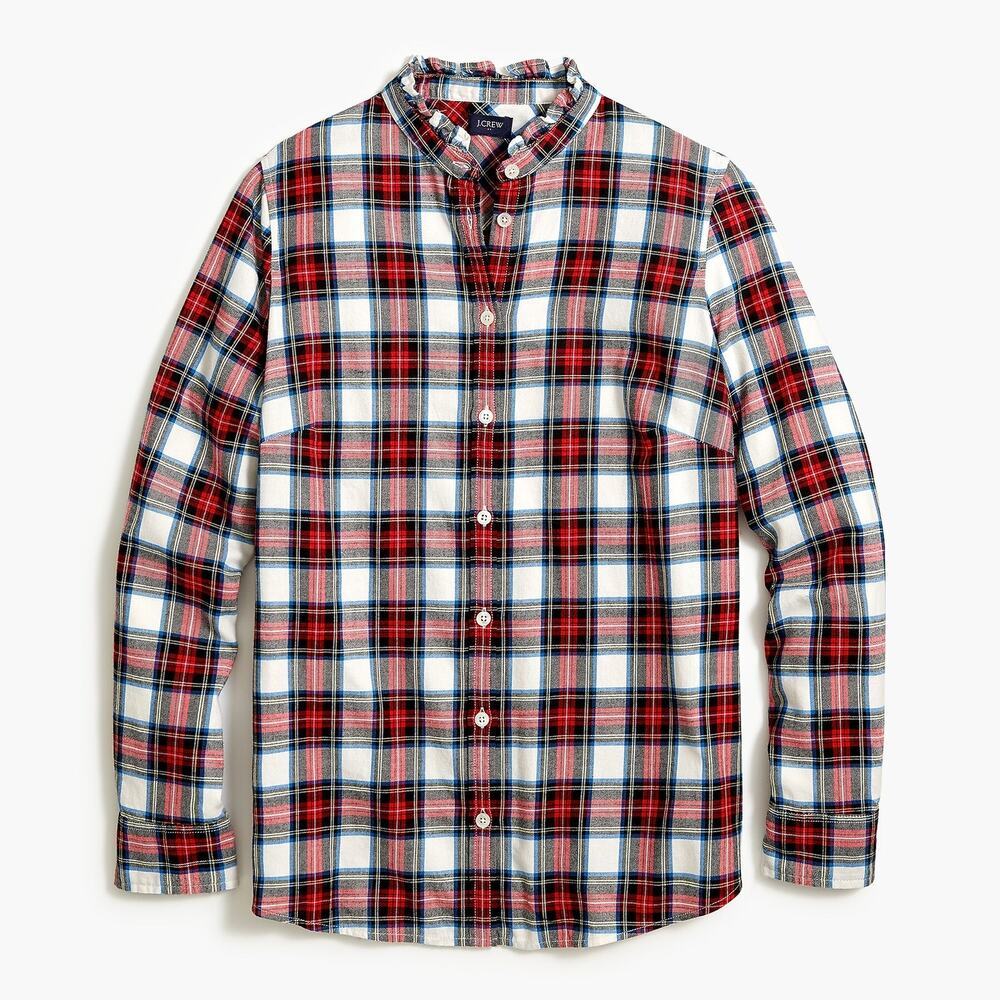 J.crew Flannel Shirt Ruffle Collar Button Up Plaid Print Multicolor Size Medium